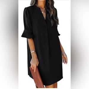 QACOHU Womens V Neck Ruffle Short Sleeve Simple Solid Color Casual Summer Dress